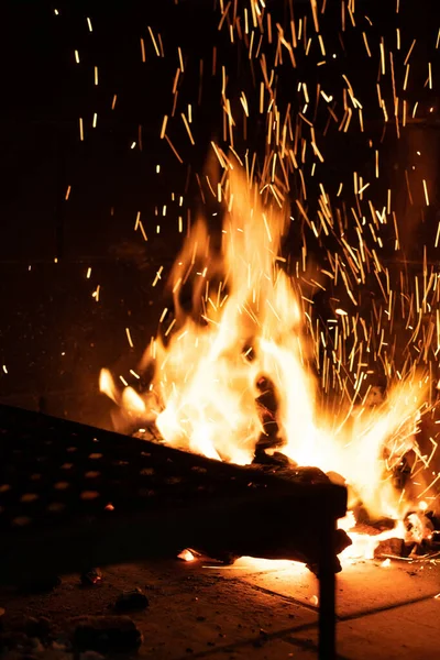 Bright Burning Fireplace Dark Night — Stock Fotó