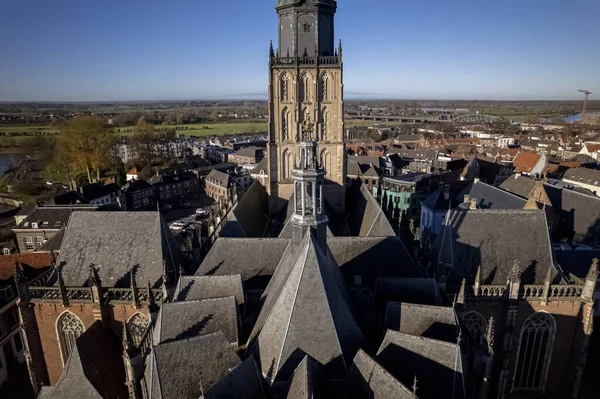 Overview Steep Multiple Church Roofs Walburgiskerk Tower Historic Medieval City — Foto Stock