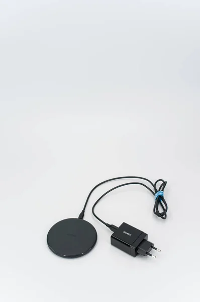 Wireless Induction Device Charger Cable White Background Text Space — Fotografia de Stock