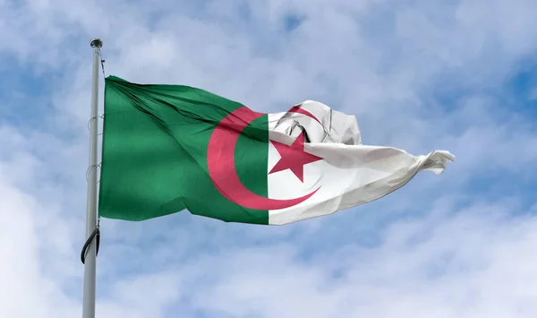 Egy Algériai Zászló Lobogott Egy Rúdon Kék Égen — Stock Fotó