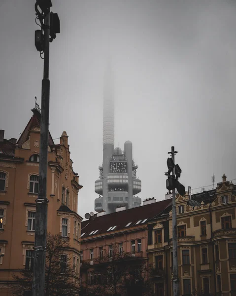 Scenic Shot Cityscape Skyscraper Top Hidden Fog Prague Czech Republic — Stock Photo, Image