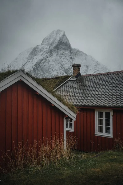 Une Vue Hivernale Brumeuse Des Huttes Dans Les Îles Lofoten — Photo