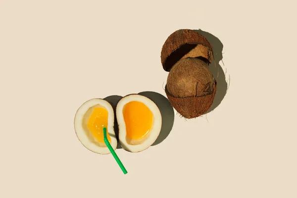 Top View Cut Coconuts Orange Juice Straw Isolated Beige Background — Fotografia de Stock