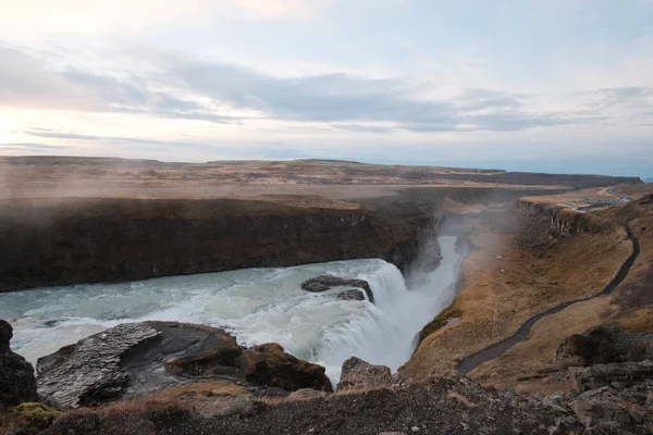 Natural View Famous Gullfoss Waterfall Iceland Cloudy Sky — Fotografia de Stock