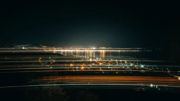 City Mytilini Lesvos Greece Night Some Light Trails Front Due — Stockfoto