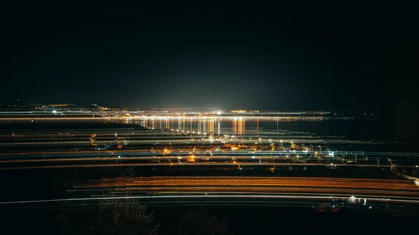 City Mytilini Lesvos Greece Night Some Light Trails Front Due — Stock Photo, Image