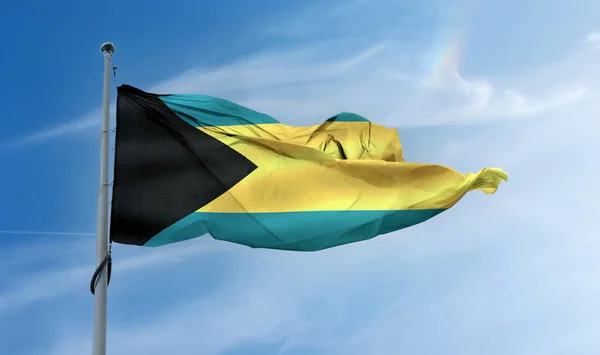 Egy Bahamai Zászló Lobogott Egy Oszlopon Kék Égen — Stock Fotó