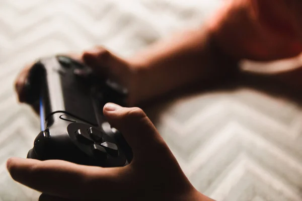 Selective Focus Shot Boy Hands Holding Joystick Gaming Controller — Stockfoto