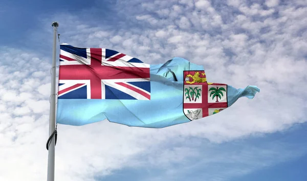 Flaga Fidżi Machająca Słupie Błękitnym Niebie — Zdjęcie stockowe