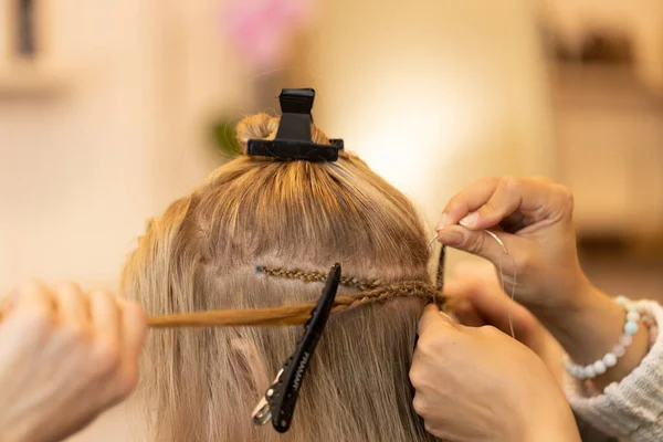 Closeup Shot Process Doing Hair Extension — Photo