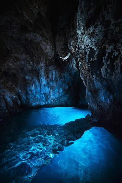 Vertikální Záběr Člověka Skákajícího Průzračné Modré Vody Jeskyni — Stock fotografie