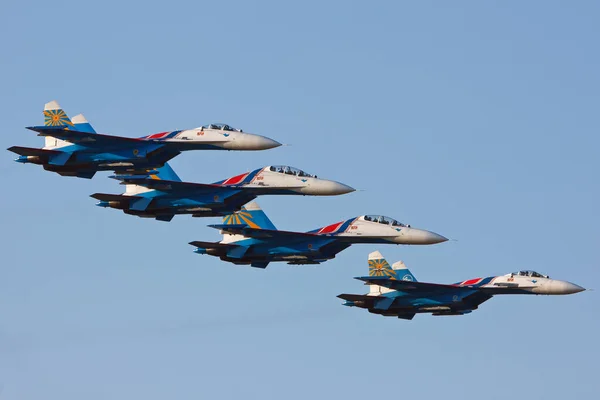 Kecskeme Węgry Sierpnia 2013 Rosyjska Drużyna Akrobacyjna Myśliwcami Sukhoi Wystawie — Zdjęcie stockowe