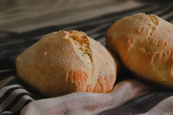 Fresh Home Baked Ciabatta Bread Striped Cloth — Stock Fotó