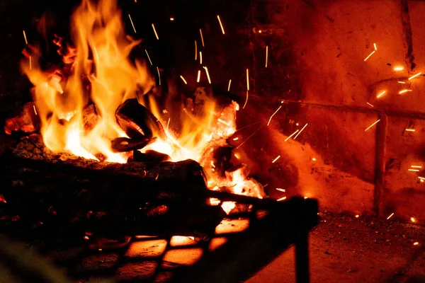 Bright Burning Fireplace Dark Night — Stok fotoğraf