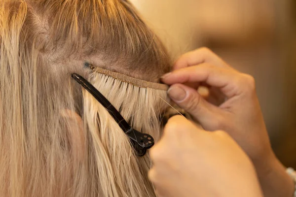 Closeup Shot Process Doing Hair Extension — Photo