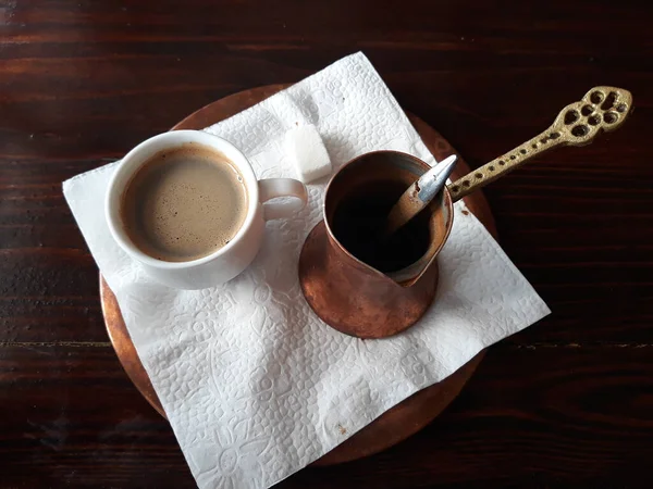 Serving Bosnian Coffee Wooden Table — Stock Photo, Image