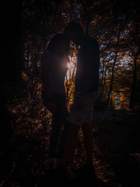 Silhouette Cute Couple Standing Autumn Leaves Forest — Stockfoto