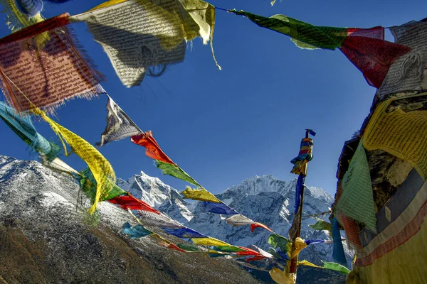 Low Angle Shot Colorful Prayer Flags Waving Wind Nepal — Stok fotoğraf