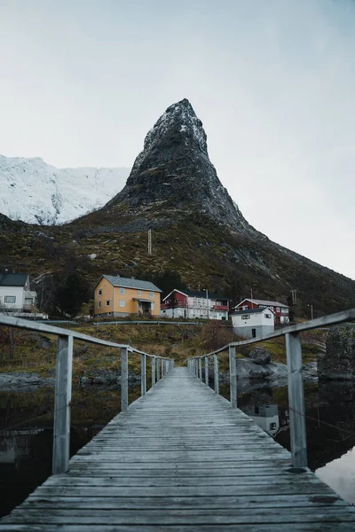 Vista Invernale Nebbiosa Ponte Legno Nelle Isole Lofoten Norvegia — Foto Stock
