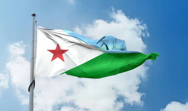 Egy Dzsibuti Zászló Lobogott Egy Rúdon Kék Égen — Stock Fotó