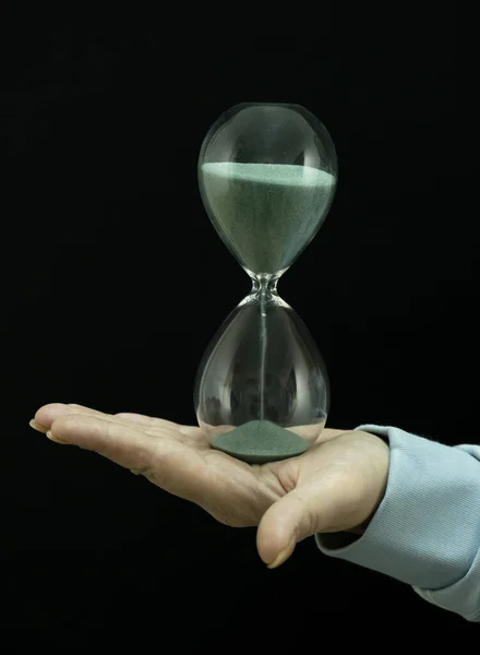 Vertical Shot Person Holding Hourglass Black Background Time Management Concept — Stock Fotó