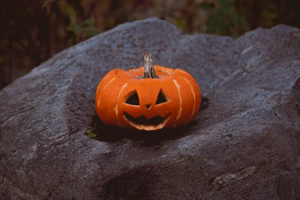Una Calabaza Decorativa Para Halloween Una Roca Aire Libre —  Fotos de Stock