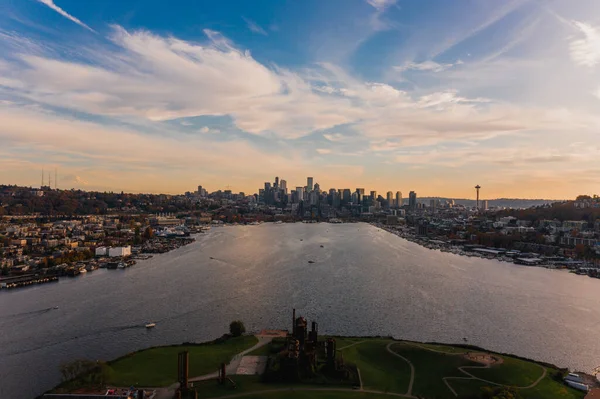 Vue Aérienne Paysage Urbain Seattle Coucher Soleil South Lake Union — Photo