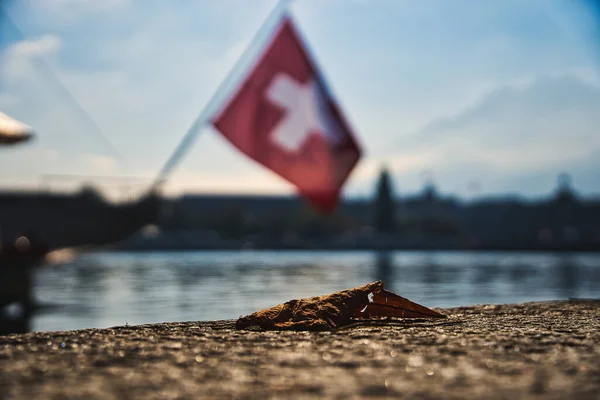Close Shot Sand Back National Flag Switzerland Ship Background — Stock Fotó