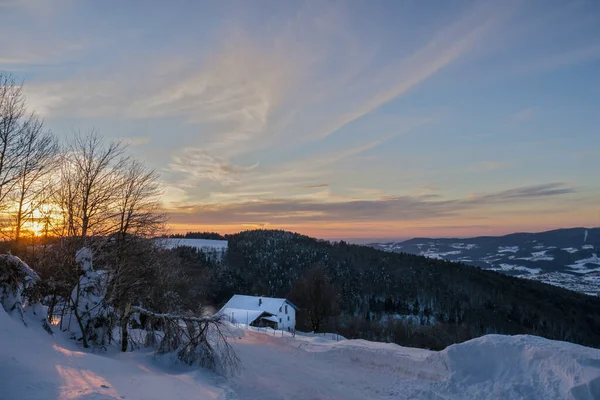 Beautiful Sunset Snowy Hills Bavarian Forest Germany — Stockfoto