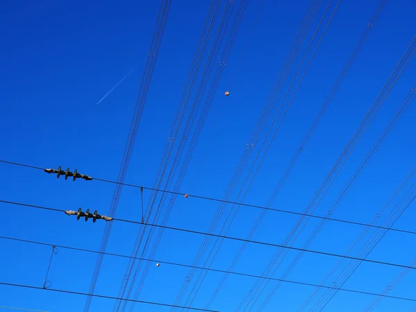 Power Lines Blue Sky Background — Stok fotoğraf