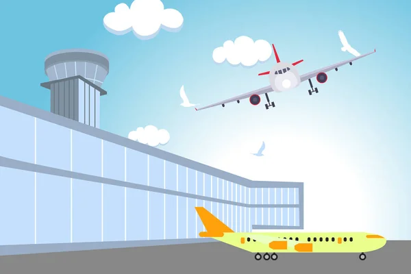 一个3D渲染飞机升空和降落在机场 与机场终端从后面可见 — 图库照片