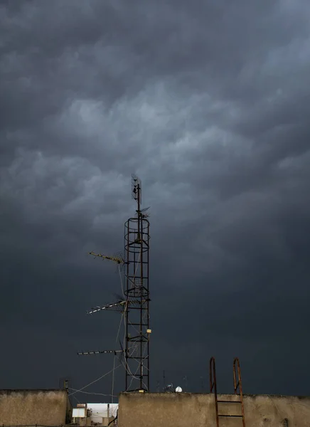 Vertical Shot Metal Pole Antennas Overcast Nicosia Cyprus — стоковое фото