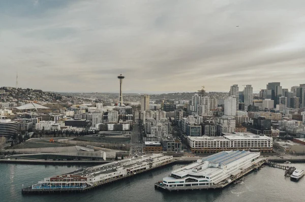 Letecký Pohled Město Seattle Při Západu Slunce Vesmírná Jehla — Stock fotografie