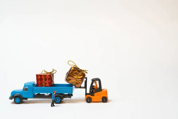 Loading Miniature Truck Christmas Gifts Forklift White Background Stock Picture