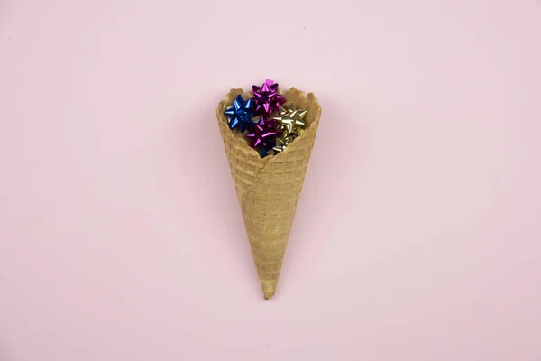 Closeup Ice Cream Cone Filled Ribbons — Stockfoto