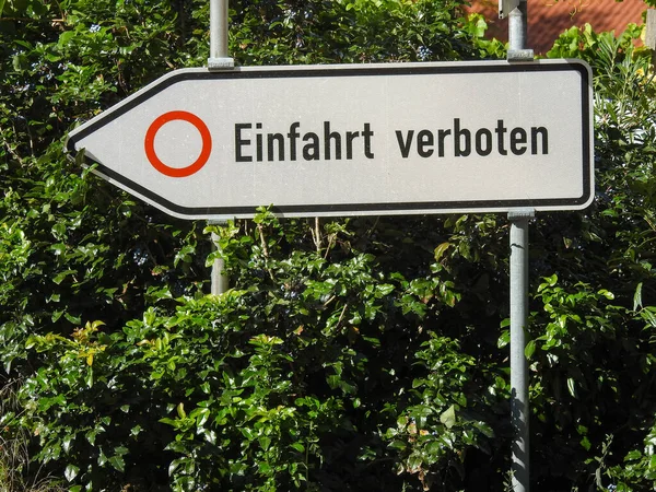 緑の植物に対する極に取り付けられたドイツ語の 入り口 の看板 — ストック写真