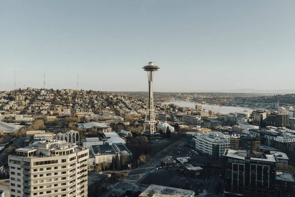 Letecký Pohled Město Seattle Při Západu Slunce Vesmírná Jehla — Stock fotografie