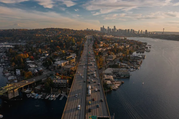 Letecký Pohled Město Seattle Při Západu Slunce South Lake Union — Stock fotografie