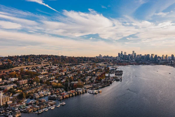 Letecký Pohled Město Seattle Při Západu Slunce South Lake Union — Stock fotografie