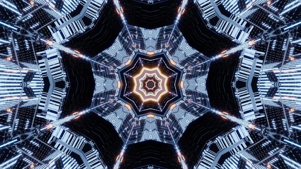 Vykreslení Futuristické Kaleidoskopické Chodby Směrem Portálu Barevnými Neonovými Světly — Stock fotografie