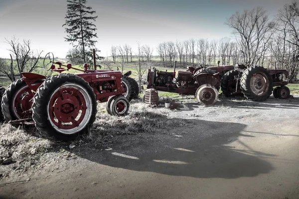 Group Parked Red Tractors Field — стокове фото