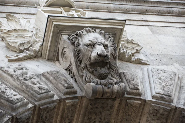 Nízkoúhlý Výstřel Kamenné Lví Hlavy Oblouku Řetězového Mostu Szechenyi Budapešti — Stock fotografie