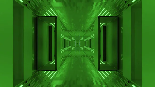 Rendering Futuristic Sci Hallway Portal Green Neon Lights — Stock Photo, Image