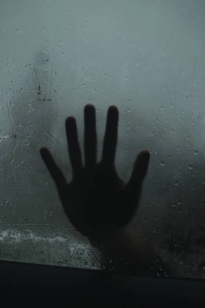 一个人在潮湿的窗户上敞开的手掌的垂直拍 — 图库照片
