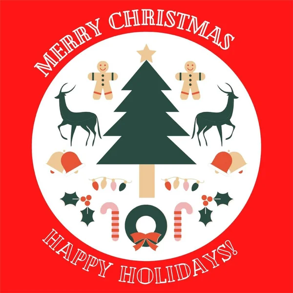 Illustration Eines Weihnachtsbaums Und Anderer Weihnachtlicher Gegenstände Auf Rotem Hintergrund — Stockfoto