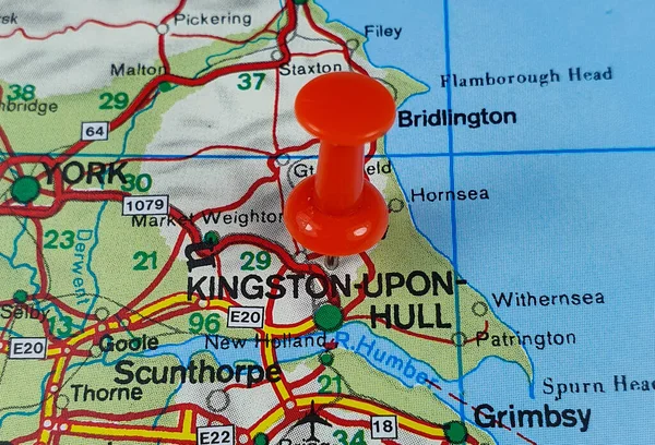 Red Pin Map Showing Location Kingston Hull City England — стоковое фото