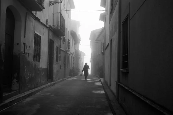 Egy Monokróm Kép Egy Nőről Aki Végigsétál Sikátoron Egy Ködös — Stock Fotó