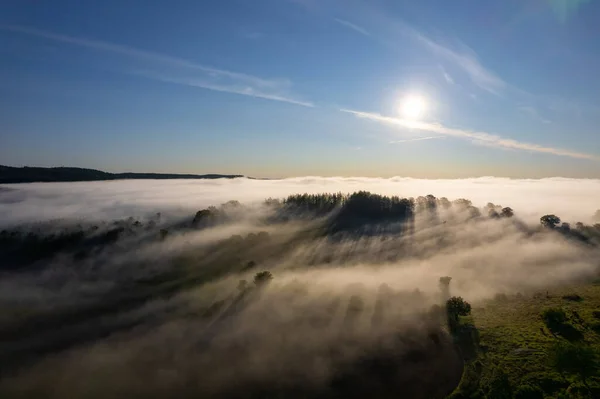 Aerial Shot Foggy Landscape Morning — Foto Stock