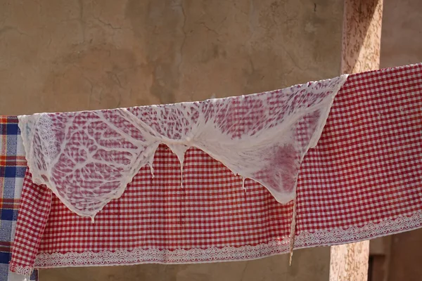 Çamaşırların Çamaşır Ipinde Kuruması Için Asılı Olduğu Yakın Plan — Stok fotoğraf