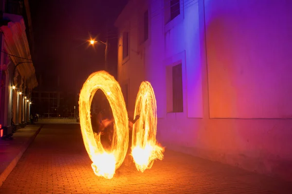 Fire Show Circular Shapes Area Purple Lighting Night — Foto Stock